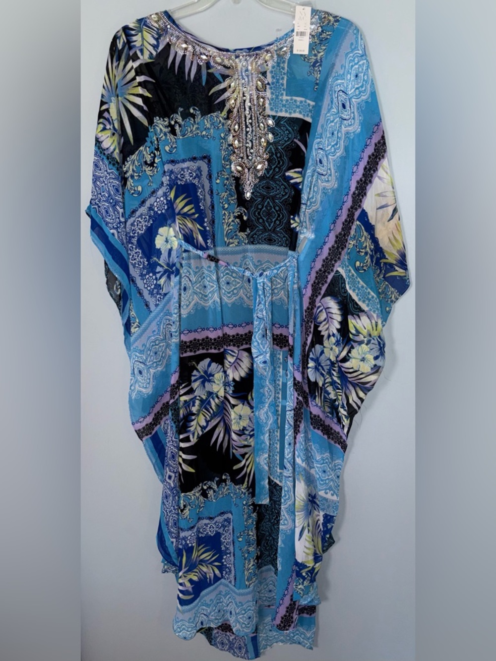 New York & Company Women’s Small Beaded Blue Patchwork Kaftan Dress w/Slip